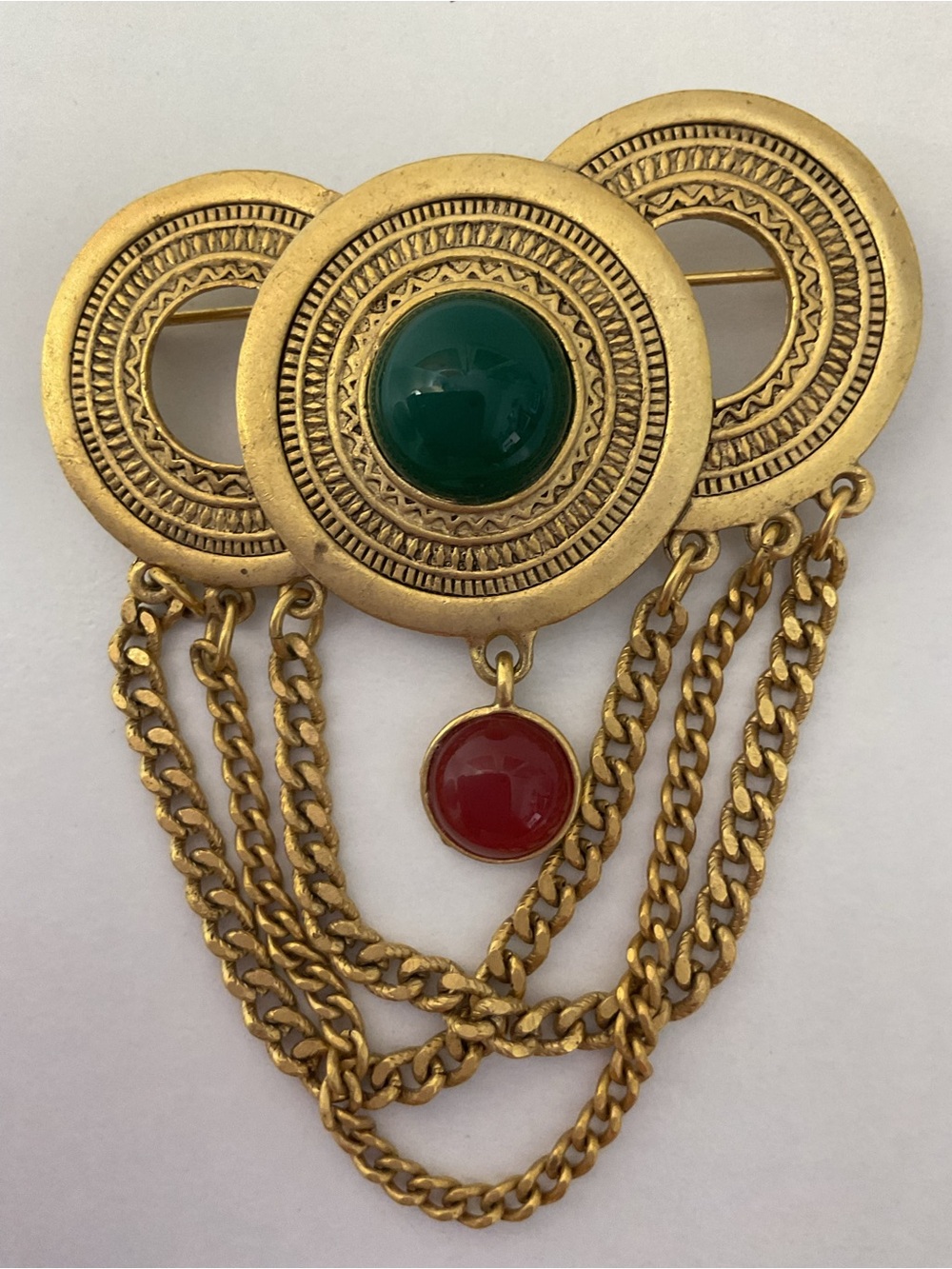Vintage 1980’s Gold-Tone Multi-Color Chain Brooch with Green and Red Cabochons